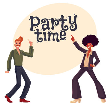Two guys, in afro wig and with a beehive, wearing 1970s style clothes dancing disco, cartoon style invitation, greeting card design. Party invitation, advertisement, Afro wig, beehive, flared pants