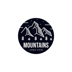 Landscape with mountains, trees and night sky in circle, vector illustration isolated on white background. Round abstract black and white tourism, hiking, camping, mountain and travel logotype design