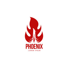 Stylized graphic phoenix bird resurrecting in flame logo template, vector illustration isolated on white background. Phoenix in fire logotype template, revival, rebirth, resurrection concept