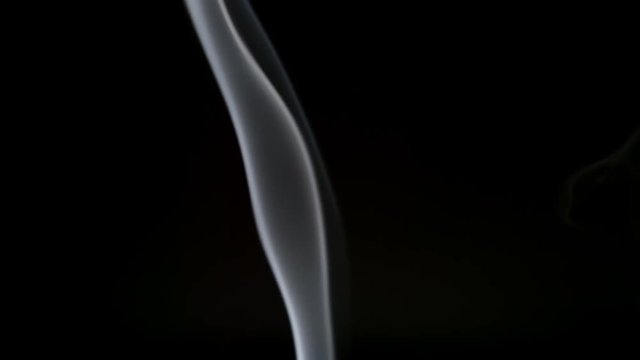 SLOW MOTION: Thin line and curl of smoke on a black background