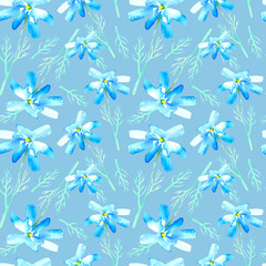 Floral seamless pattern with daisy flowers.Watercolor hand drawn illustration.Blue background.