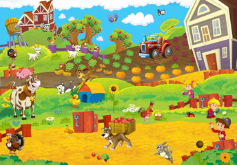 Cartoon farm happy scene with many different animals - cow dog rabbit goat turkey duck and other - illustration for children