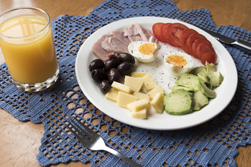 Healthy breakfast served on a white plate; 