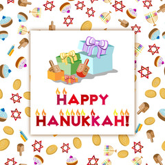Postcard for greetings with Festival of Lights, Feast of Dedication Hanukkah. Gifts and lettering with flames on colorful background with Hanukkah elements. Vector illustration