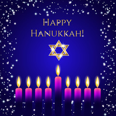 Postcard for Festival of Lights, Feast of Dedication Hanukkah. Nine wax candles with flames on deep blue background with frame from snow and sparkles and golden shining greeting. Vector illustration