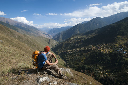 Looking east down the Juphal valley from the Balanga Langa pass in the remote Dolpa region, Himalayas, Nepal
