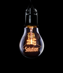 Hanging lightbulb with glowing Solution concept.