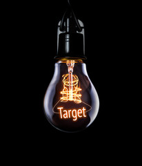Hanging lightbulb with glowing Target concept.