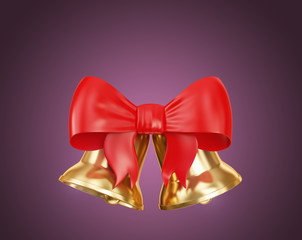 Christmas golden bells with a red bow on a purple background. 3D