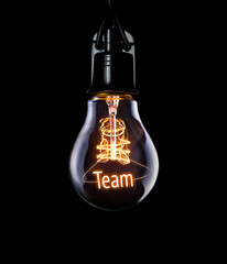 Hanging lightbulb with glowing Team concept.