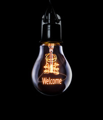 Hanging lightbulb with glowing Welcome concept.