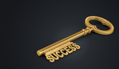 Golden Key Success on a dark background. 3d render illustration.
