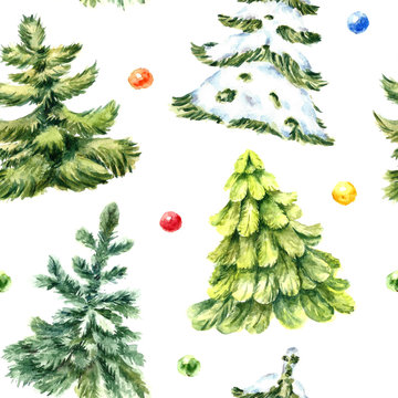 Watercolor Christmas tree seamless pattern.