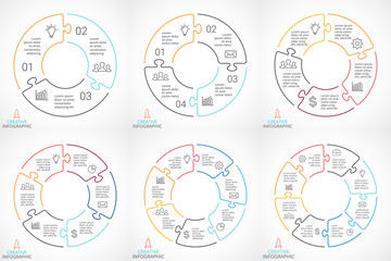Naklejka premium Vector circle puzzle arrows infographic, cycle diagram, linear graph, presentation chart. Business concept with 3, 4, 5, 6, 7, 8 options, parts, steps, processes.