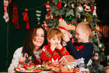 beautiful mommy and her cute childrens stands near Christmas coo