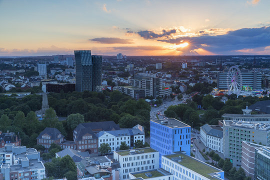 View of St. Pauli at sunset, Hamburg, Germany
