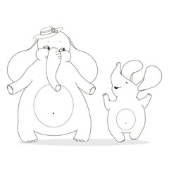 Mother elephant and baby elephant enjoyed. Family outline drawing for coloring. Cartoon wild animals for the design of children's goods and things.