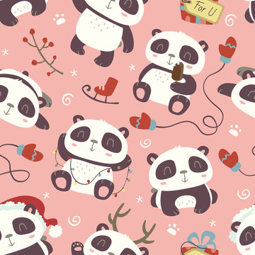 vector cartoon style cute christmas panda seamless pattern