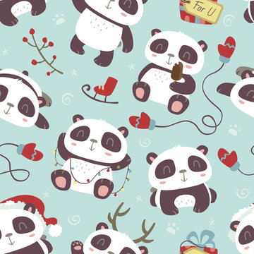 vector cartoon style cute christmas panda seamless pattern