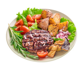Grilled steak  with vegetables and  rosemary isolated