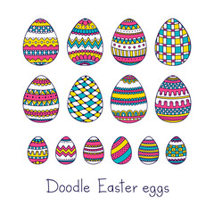 Doodle Easter eggs. Vector set of easter eggs with doodle ornament. Hand drawn easter elements, pink, yellow and blue colors. Isolated.
