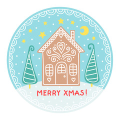 Merry Xmas! Vector hand drawn winter ball with flat gingerbread house, christmas tree, snow, stars and moon. Flat winter elements with white doodle ornament. Isolated. On white background.