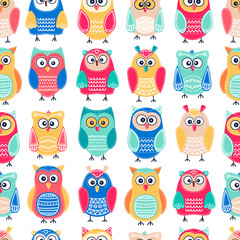 Cute owls. Vector seamless pattern with hand drawn flat birds. Colorful owl with white doodle ornament. Nice background for kids. Red, blue, yellow, grey, beige and white colors.