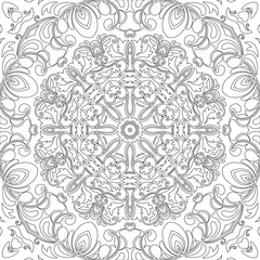 Mandala seamless floral pattern with flowers and hearts. Coloring pages for adults and older children, white and black. Seamless pattern. Doodle lace mandala ornament. Vector illustration.
