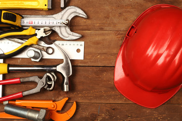 red helmet and tools
