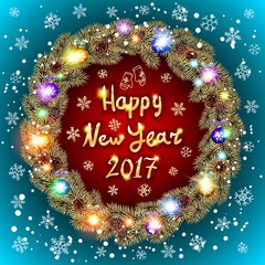 Fototapeta na wymiar Happy New Year 2017 and Christmas greeting card with wreath of snowflakes. Vector illustration