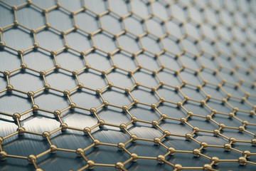 3d rendering gold nanotechnology hexagonal geometric form close-up, concept graphene atomic structure, concept graphene molecular structure