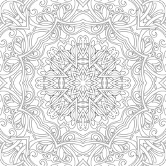 Mandala seamless floral pattern with flowers and hearts. Coloring pages for adults and older children, white and black. Seamless pattern. Doodle lace mandala ornament. Vector illustration.