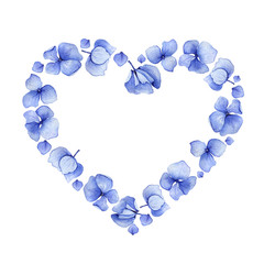 Blue watercolor hydrangea floral heart design. May be used for wedding or greeting card template, fabric print, st.Valentine's day card or Mothers day card decoration.