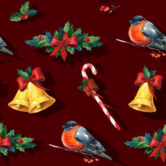 Seamless watercolor Christmas background with holly, golden bells, candy cane, red ribbon and red winter bird bullfinch. May be used for wrapping paper, card or textile design.