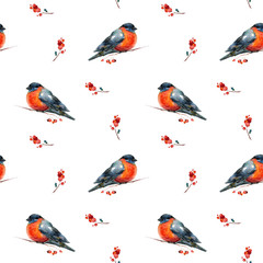 Seamless watercolor Christmas background with red winter bird bullfinch or robin and holly. May be used for wrapping paper, card or textile design
