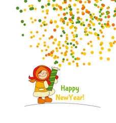 Tiny girl playing with slapstick petard. Adorable kids in winter