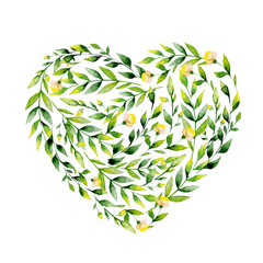 Watercolor yellow flower and herbs heart . May be used for textile decoration print, invitation card, wedding decor or wrapping paper design, st.Valentine's day card or Mothers day card decoration.