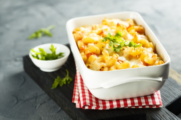 Pasta bake with tomato sauce and mozzarella cheese