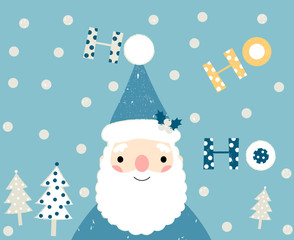 Blue Christmas greeting card with Santa Claus and Christmas trees