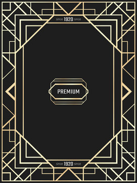 Vector geometric cards in Art Deco style. Light golden flyers. Premium vector frame in luxury style. Restaurant menu. Black and gold tickets.