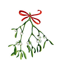 Watercolor Christmas branch of mistletoe and  ribbon. Use it for wrapping paper, card or textile design. Hand drawn mistletoe twigs. Christmas mistletoe. Winter holiday decoration.