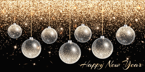 Christmas lights. New Year background with balls. Gold bokeh. Glow vector.
