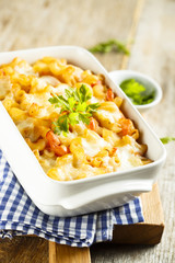Pasta bake with tomato sauce and mozzarella cheese