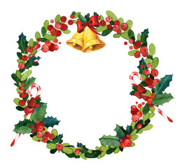 Christmas watercolor wreath with holly, red ribbons, bells and candy cane on white background, can be used for Christmas card decoration
