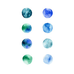 Set of watercolor simple polka dots on white. Blue, emerald dots. Painted dots. A number of large round dots. Scandinavian style.