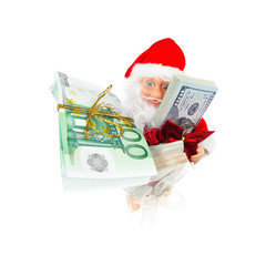 Santa with stacks of euros, dollars and rubles isolated on white background