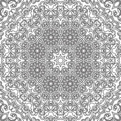 Mandala seamless floral pattern with flowers and hearts. Coloring pages for adults and older children, white and black. Seamless pattern. Doodle lace mandala ornament. Vector illustration.