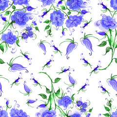 Fototapeta na wymiar Vintage seamless pattern, floral pattern, blue, roses, buds, watercolor