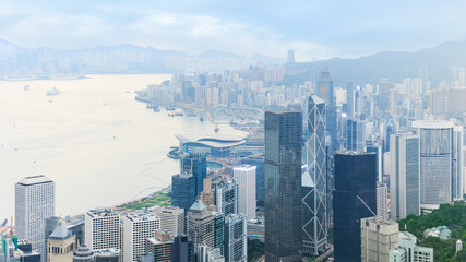 Hong Kong from above. Panorama of foggy city from Victoria's peak
