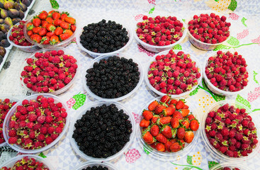 Raspberries, blackberries, strawberries, figs market in Baku, Az